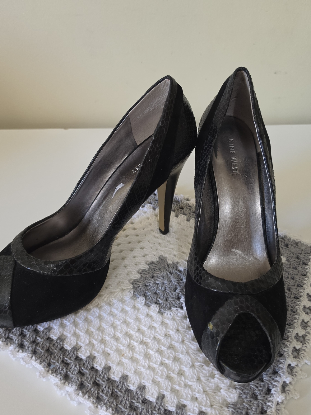 Nine West Black Suede & Snake-Texture Peep-Toe Pumps
